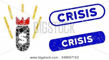 Mosaic Financial Crisis Bomb And Rubber Stamp Seals With Crisis Caption. Mosaic Vector Financial Cri