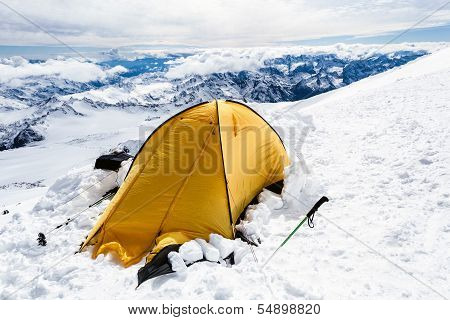 Camping In Caucasus Mountains On Elbrus Landscape