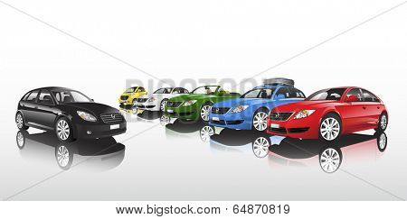 Studio shot vector of group of multi-colored cars in a row.