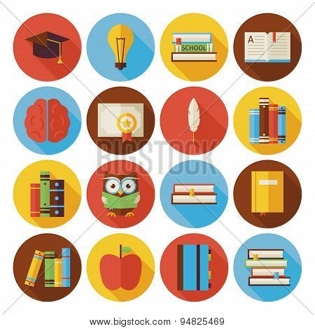 Flat Reading Knowledge And Book Circle Icons Set With Long Shadow