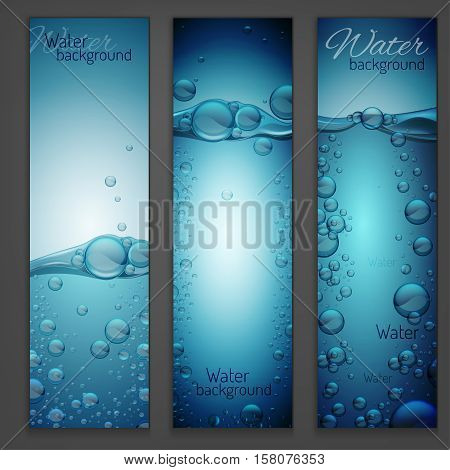 Transparent water wave image with bubbles. Vector illustration in light blue colours. Purity and freshness concept. Website abstract water background banner set.