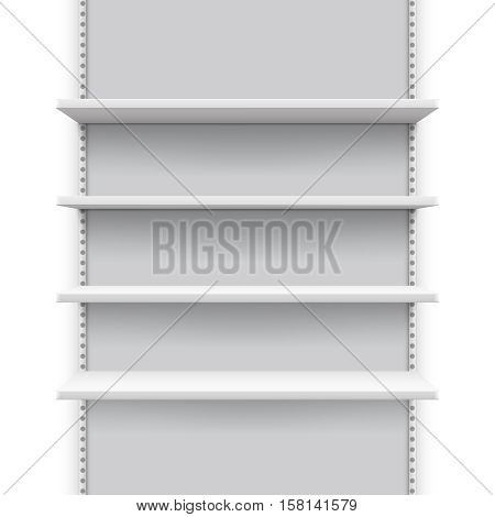 Empty market retail stand with shelves for products, store display vector mockup. Shelf showcase mock up for shop, mockup shelf for store and supermarket illustration