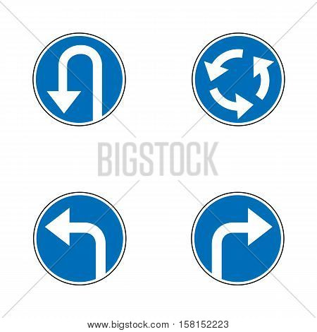 Vector set of arrow road mandatory blue round road signs, a U-Turn, turn right and left and roundabout - road sign isolated on white background in blue permissive circle. Vector illustration.