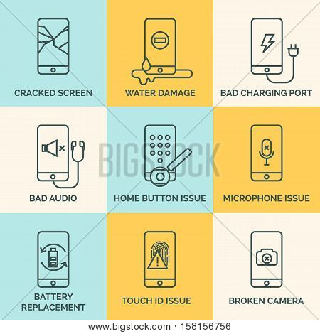 Broken mobile phone, tablet. Cracked screen. Repair electronic equipment. Electronic technology. Repair cellphone. Touch screen