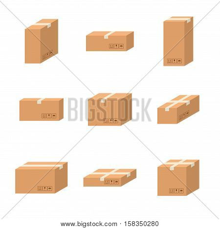 Set delivery cardboard boxes different sizes carton vector isolated on white background. Cardboard boxes pack with handling packing icons. Closed parcel box, package paper boxes in flat style.