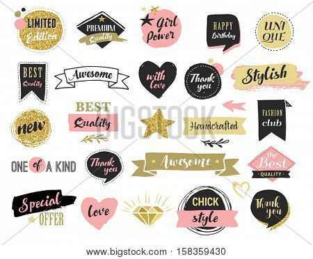 Fashion patch badges and stickers, labes and sale tags. Gold hearts, speech bubbles, stars and other elements. Vector element, backgrounds. Set of stickers, pins, patches, chic style