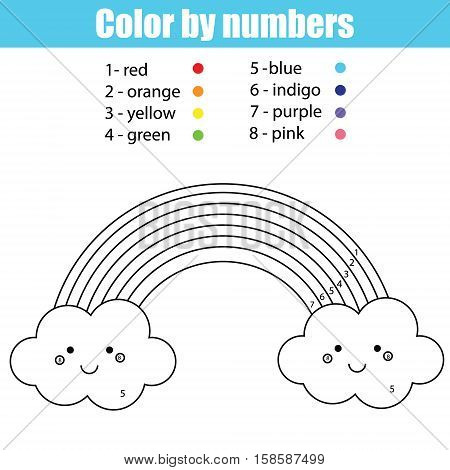 Coloring page with cute kawaii rainbow. Color by numbers task, printable worksheet for kids preschool age. Learning numbers and colors