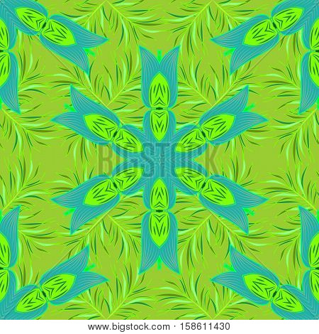 Green Petal Flowers. Green Background. Row. Vector Illustration.