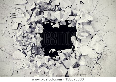 3d rendering, explosion, broken concrete wall, bullet hole, destruction abstract background