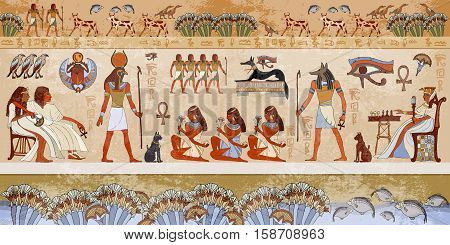 Ancient egypt scene. Hieroglyphic carvings on the exterior walls of an ancient egyptian temple. Grunge ancient Egypt background. Hand drawn Egyptian gods and pharaohs. Murals ancient Egypt.