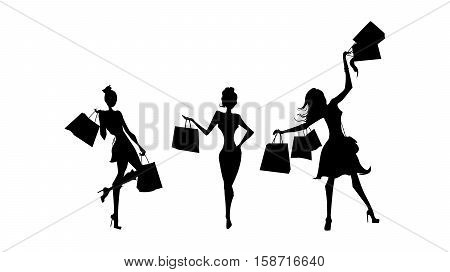 Shopping sillhouettes set. Black sillhouettes of women with shopping bags on white background. Elegant, young and slim women.