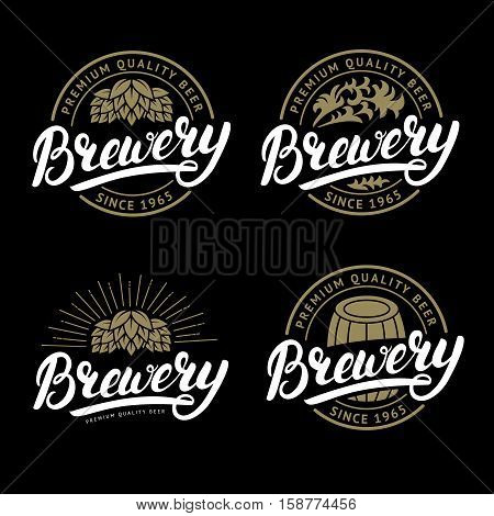 Set of Brewery hand written lettering logo, label, badge template with hop for beer house, bar, pub, brewing company, tavern, wine whiskey market. Black background. Vintage style. Vector illustration.