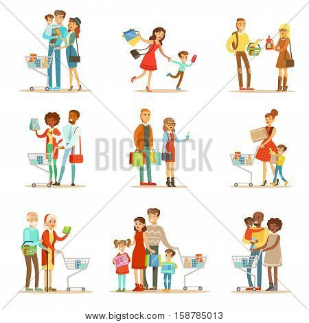 Families Shopping In Department Store And Shopping Mall Set Of Cartoon Characters Buying Products And Objects In The Shop. Colorful Vector Illustrations With Happy Men And Women With Shopping Bags And Carts In Supermarket.