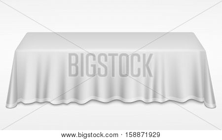 Empty dinner banquet table with white cloth 3d realistic desk vector illustration. Dinner empty table with white tablecloth