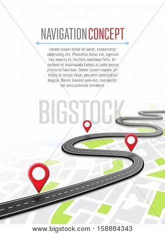 Navigation concept with pin pointer vector illustration. Cartography mapping, ui pinning, discovery, geotag, tourism geolocation. GPS navigation system banner. Location pin on perspective city map. Abstract navigation concept.