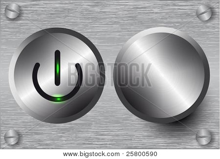 Vector power button and volume knob on metal background.