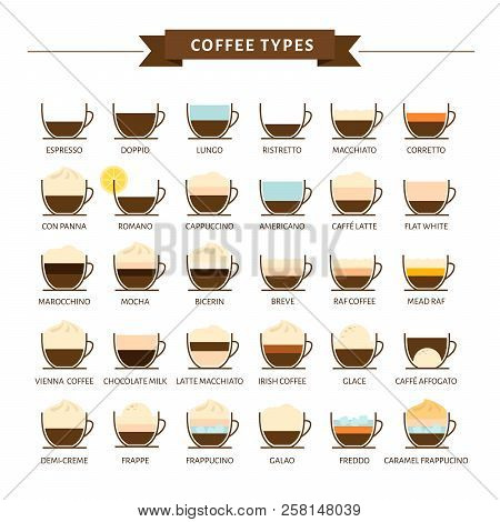 Types Of Coffee Vector Illustration. Infographic Of Coffee Types And Their Preparation. Coffee House