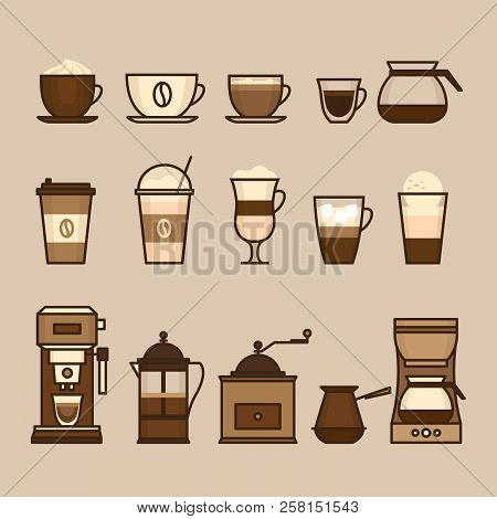 Coffee objects and equipment. Cup and coffee brewing methods. Coffee makers and coffee machines, kettle, french press, moka pot, cezve. Flat style, vector illustration.