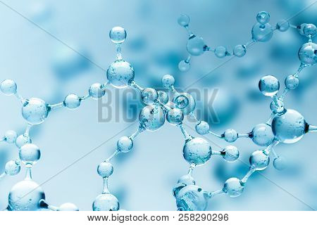 Transparent Blue Abstract Molecule Model Over Blurred Blue Molecule Background. Concept Of Science, 