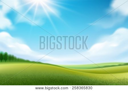 Nature Landscape For Wallpapers Or Panorama View On Meadow, Grassland Or Glade Horizon Scene With Sk