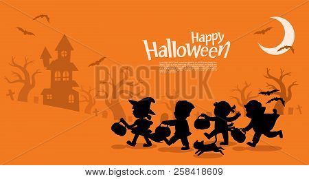 Happy Halloween. Children Dressed In Halloween Fancy Dress To Go Trick Or Treating.
Template For Adv