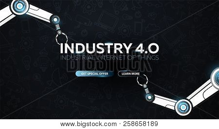 Industry 4.0 Banner With Robotic Arm. Smart Industrial Revolution, Automation, Robot Assistants. Vec