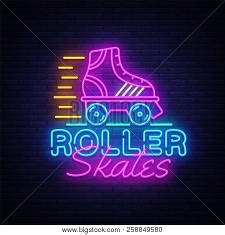 Roller Skates Neon Sign Vector. Retro Quad Roller Skates Neon Logo, Design Template, Modern Trend De