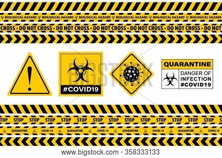 Stop Covid-19 Sign. Seamless Caution Warning Tape. Yellow And Black. Danger Tape. Yellow Attention R