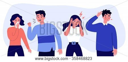 Young People Suffering From Flu Symptoms Flat Vector Illustration. Cartoon Infographic Person Sneezi