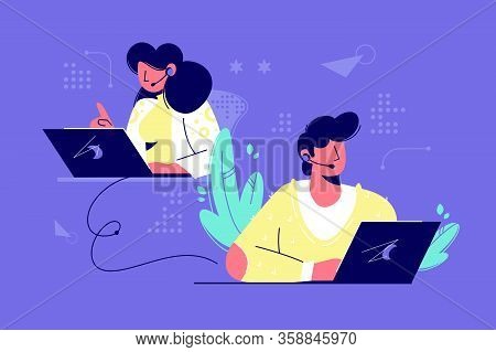 Call Center Assistants Vector Illustration. Man And Woman Operators In Headset Advising Customers Fl