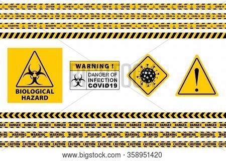 Stop Covid-19 Sign. Seamless Caution Warning Tape. Yellow And Black. Danger Tape. Yellow Attention R