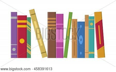 Vertical Standing Stack Of Books Isolated On White Background. Book Spine Design, School Books Pile.