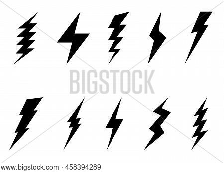 Lightning Bolt Icons Collection Set Isolated On White Background. Flash Symbol, Thunderbolt. Simple 