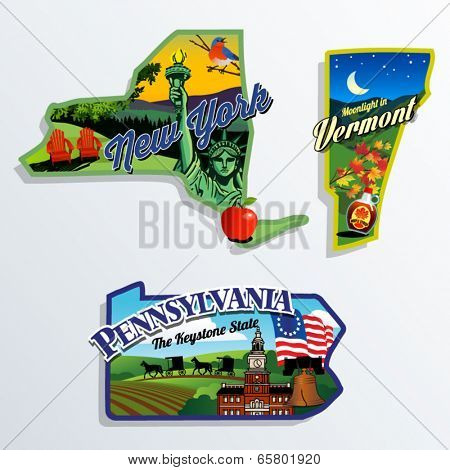 New York, Vermont and Pennsylvania scenic vector illustrations