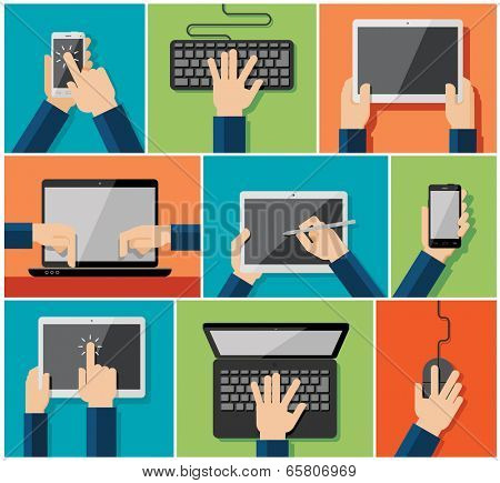 Vector set of flat hand icons holding various hi-tech computer and communication devices