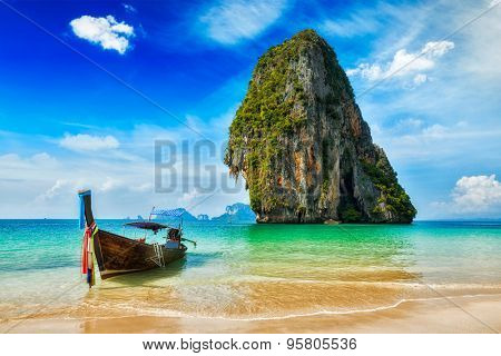 Tropical vacation holiday beach concept - Long tail boat on tropical beach, Krabi, Thailand