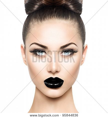 High Fashion Beauty Model Girl with Black Make up and Long Lushes. Black Lips. Dark Lipstick and White Skin. Vogue Style Portrait isolated on white background