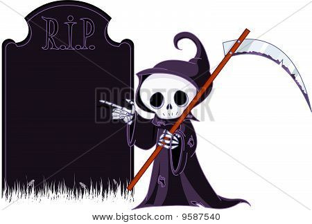 Cartoon Grim Reaper  Pointing To Tombstone