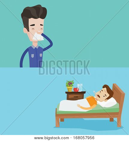 Two medical banners with space for text. Vector flat design. Horizontal layout. Sick man with fever laying in bed. Sad sick man measuring temperature. Sick man suffering from cold or flu virus.