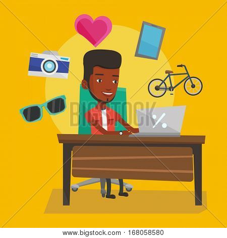 Young african-american man using laptop for online shopping. Happy man doing online shopping. Smiling man buying in online shop. Guy buying on internet. Vector flat design illustration. Square layout.