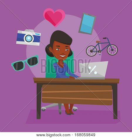 Young african-american woman using laptop for online shopping. Happy woman doing online shopping. Woman buying in online shop. Girl buying on internet. Vector flat design illustration. Square layout.