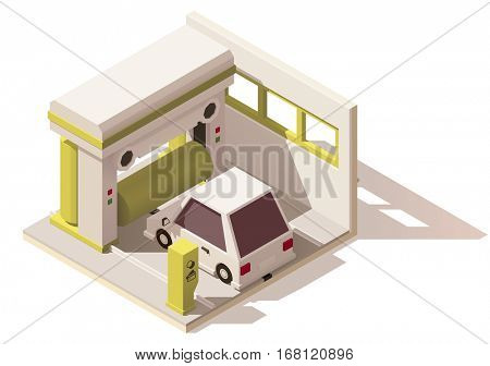 Vector isometric low poly car wash icon. Includes car and automatic carwash machine