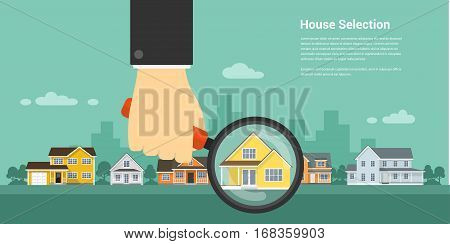 picture of a human hand holding magnifying glass and number of houses, house selection, house project, real estate concept, flat style illustration