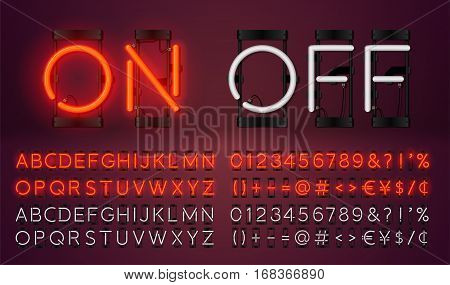 Big neon set glowing alphabet vector Font. Glowing text effect. On and Off lamp. Neon Numbers and punctuation marks. isolated on red background.