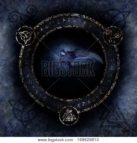 Celtic Raven Spell with a sinister raven head materialising within a circular emblem of elaborate Celtic, pagan and runic symbols.