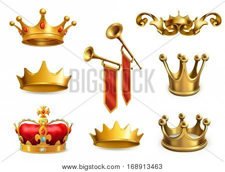 Gold crown of the king, 3d vector icon set