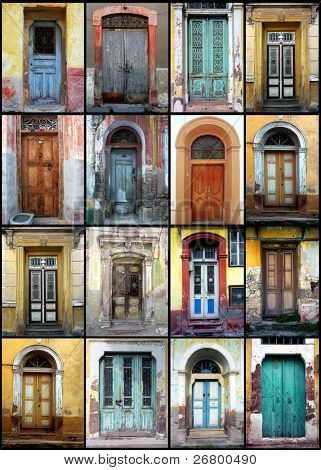 a detail shot of variety of old doors