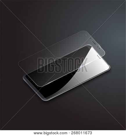 Screen Protector Glass. Vector Illustration Of Transparent Tempered Glass Shield For Mobile Phone