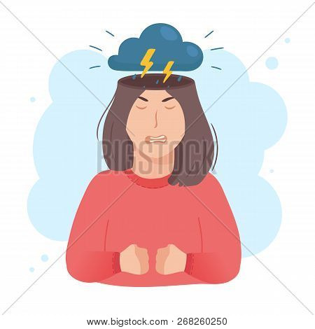 Inside Woman’s Head Concept. Angry Aggressive Girl, Thunderstorm With Dark Cloud And Lightning Above