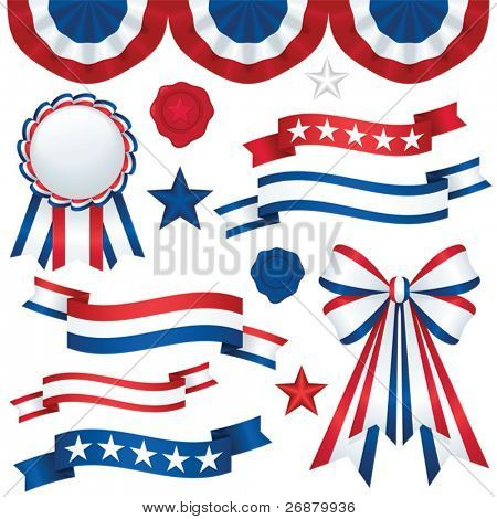 Collection of patriotic emblems, including banners, ribbons, and bunting in traditional red, white and blue; file contains unexpanded blends and clipping paths.